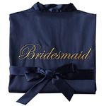 SimidunEUR Bride Robes/Bridesmaid Robes, Kimono Robes Short Dressing Gown Satin Bathrobe Nightdress Sleepwear Oblique V-Neck Pyjamas with Embroidery Writing,Bridesmaid Navy,L