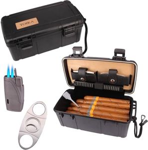 TOIKA Black Portable 15 Travel Carry Cigar Humidor,Cigar Travel Case with Cutter and Torch Lighter Gift Set for Men - Waterproof,Crushproof -Holds up to 15 Cigars,Keep Cigars Fresh