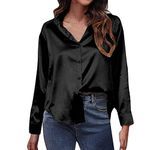 BGKKTLW Women's Satin Silk Long Sleeve Button Down Shirt Formal Work Blouse Top,Women Casual Fashion Silky Blouse Top S-2XL Black