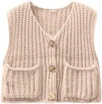 ANRABESS Womens Crop Sweater Vest Crochet Chunky Knit Button Down Sleeveless Cardigan with Pockets Beige Small