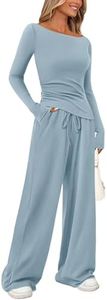 PRETTYGARDEN Women's 2 Piece Lounge Sets Asymmetrical Long Sleeve T Shirt Wide Leg Pants Casual Outfits Tracksuit (Light Blue,Small)