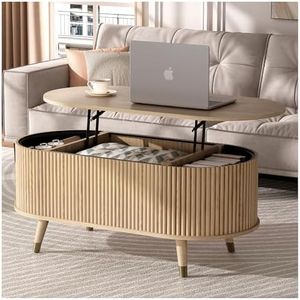 JOINICE 42.5" Oval Lift Top Coffee Table with Storage, Modern Oak Center Table with Fluted Design, Solid Wood Legs & Hidden Compartment, Pop Up Coffee Table for Living Roomm