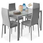 Best Choice Products 5-Piece Kitchen Dining Table Set for Dining Room, Kitchen, Dinette, Compact Space w/Glass Tabletop, 4 Faux Leather Metal Frame Chairs - Gray