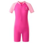 Karrack Girls and Boys One Piece Rash Guard Swimsuit Kid Water Sport Short Swimsuit UPF 50+ Sun Protection Bathing Suits Pink