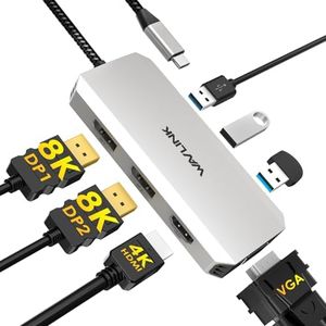 【Single 8K Quad Display】 WAVLINK Laptop Docking Station, USB C Hub Adapter with 8K DP1/2, 4K HDMI, VGA, 3xUSB2.0, for Dell/HP/Lenovo/Thinkpad, Compatible with Mac/Windows/Chrome OS/Linux/Android/iOS