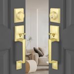 EHOMEWARE Brass Double Front Door Handle Set, Gold Heavy Duty Square Door Lever and Single Cylinder Deadbolt Combo for Side by Side Entrance Exterior Doors