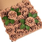 DuHouse 25Pcs Artificial Roses Flowers Fake Roses with Stems Real Touch Foam Flowers for DIY Wedding Bouquet Baby Shower Centerpiece Floral Arrangement Party Home Decor (Coffee)