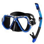 JARDIN Dry Snorkel Set, Panoramic Wide View Snorkel Mask, Anti-Fog Tempered Glass Diving Mask, Free Breathing& Easy Adjustable Strap Scuba Mask, Professional Snorkeling Gear for Adults (Black Blue)