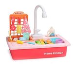 ADKD Play Kitchen Sink Toys,Electric Dishwasher Toy with Running Water, Automatic Faucets and Tableware Accessories, Role Play Kitchen Sink Play Set- (Pink)