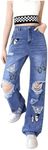 WDIRARA Girl's Flap Pocket Side High Waist Straight Leg Cargo Long Jeans Denim Pants Medium Wash Ripped 8-9Y
