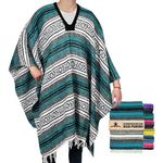 Artisans Bazaar Traditional Mexican Baja Poncho Men and Women Authentic Gaban Serape Sarape Blanket Pancho Jorongo Cowboy, Green-aqua, One Size