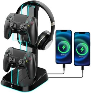 Gaming RGB Headphones Stand, Headset Stand with Colorful Light Modes-Controller Holder with 2 USB Charging Ports and Type-c-Earphone Hanger Accessories for Desktop Gamer (Black)