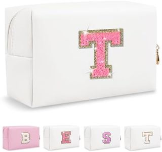 Biileen Personalized Initial Preppy Makeup Bag Small Cute Travel Chenille Letter Pouch, Glitter Rose Pink/White Letter, T