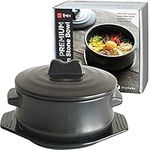 ElinCube Premium Korean Stone Bowl with Lid & Platter, Clay Pot for Cooking Hot Pot Dolsot Bibimbap and Soup Cookware