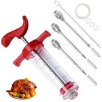 Plastic Meat Injector Syringe Kit - 30ml Capacity, 3 Stainless Steel Needle, Marinade Flavor Injector for BBQ, Grill, Turkey, Chicken, Steak, Pork, Fish, Spare O Rings and Cleaning Brush