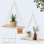 Hanging Shelves for Wall [Set of 2 w/ Hooks] Wooden Shelf Macrame Rope, Natural Light Reclaimed Wood, Boho Decor Triangle Floating Farmhouse Rustic Modern Plant Aesthetic, Dorm Living Room Bedroom