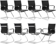 Office Reception Guest Chair with Arms Set of 8 PU Leather Stationary Waiting Room Chairs Conference Reception Room Chair No Wheels Metal Sled Base, Black 8PC