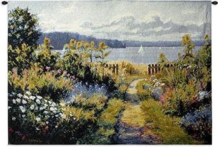 Garden View by Bruce F. McAdam | Woven Tapestry Wall Art Hanging | Scenic Coastal View from Lush Garden | 100% Cotton USA Size 53x38