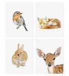 Triple Studio Woodland Animal Art Prints, Set Of 4, Boho Nursery Room Wall Decor, Adorable Animal, Cute Bedroom, UNFRAMED, Signed by Artist (11x14 Inches)