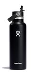 HYDRO FLASK - Water Bottle 621 ml (21 oz) - Vacuum Insulated Stainless Steel Water Bottle with Flex Straw Cap - BPA-Free - Standard Mouth - Black