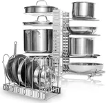 GeekDigg Pot Rack Organizer - Adjustable Height and Position Pan and Pot Stacker - Kitchen Counter and Cabinet Pan Organizer - Shelf Rack/Pot Lid Holder with 3 DIY Methods - Silver