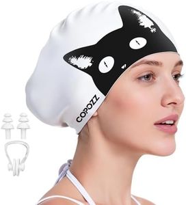 COPOZZ Extra Large Swim Cap for Women - Super Stretchy & Waterproof Silicone, Fits All Hair Types Long Short Thick Curly & Dreadlocks, Includes Earplugs & Nose Clip（Black Cat）