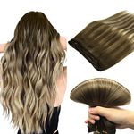 DOORES Sew in Hair Extensions Real Human Hair, Balayage Walnut Brown to Ash Brown and Bleach Blonde 16 Inch 80g Natural Weave Remy Human Hair Extensions Full Head Natural Thickness Sew in Weft Hair