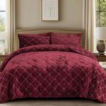 PHF Luxury Velvet Quilt Set Twin Size, Lightweight Velvet Comforter, Ultra Soft Cross Stich Quilted Bedding Set, Home Decor Bedspread 68" x 92"with 1 Pillow Sham 20" x 26", Wine Red