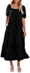 PRETTYGARDEN Summer Maxi Dresses for Women Short Sleeve Square Neck Ruffle Tiered Flowy Casual Boho Beach Long Dresses (Black,X-Large)