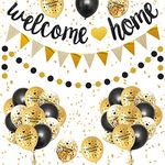 Welcome Home Decorations,Welcome Home Banners Balloons Set,Black Gold Welcome Home Glitter Banner,Pennant Flag Bunting,Welcome Home Confetti Balloon,Round Garland for Home Family Boy Girl Baby Showers