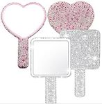 Set of 2 Blingy Handheld Handbag Mirrors - Pink Heart & Silver Square Rhinestone Encrusted, Durable Glass & Acrylic, Compact for Travel - Glamorous Beauty Accessory for Daily Use Home or Out