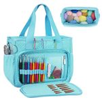 Dadanism Crochet Bag Organizer, Yarn Bag and Tote with Handle & Shoulder Strap, Yarn Storage with Multiple Pockets for Crochet Supplies, Portable Knitting Bag for Gifts/Crochet Lovers, Blue