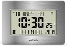 Youshiko Radio Controlled Silent Large LCD Wall Clock (Offical UK Version) Auto Set Up with Day Date Month Helpful for DEMENTIA & ALZHEIMER SUFFERERS (Silver)