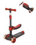 RideVOLO K02 Foldable Kick Scooter for 2-6 Years Old Kids, 2-in-1 with Removable Seat, 3 Adjustable Heights, Flashing Wheels and Wide Deck, Max Load 110lbs, Outdoor Activities, Gift for Boy/Girl Red