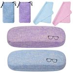 kuou 2 Pack Hard Shell Eyeglasses Case, Linen Fabric Protective Glasses Case with Drawstring Pouch Cleaning Cloth for Glasses Storage