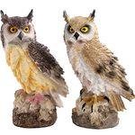 DEAYOU 2 Pack Fake Horned Owl Statues, 7" Tall Small Resin Owl Sculpture, Artificial Owl Figurines for Garden, Vivid Faux Outdoor Owl for Ornament, Yard, Indoor Decor, Home, Gift (White, Black)