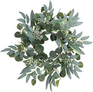 Artificial Green Eucalyptus Wreath,15 inches Greenery Wreath with Clusters of White Flowers Mini Spring/Summer Wreath for Front Door Wall Window Decor