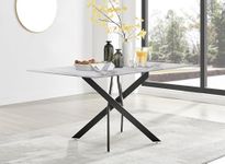 Furniturebox UK Dining Table - Leonardo 6 Seat Dining Table - Glass White Marble Effect Table Matte Black Metal Legs -Nested Starburst Design - Modern Dining Room Furniture for Contemporary Homes