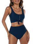 Vozobi Women's High Waisted Bikini Sets Scoop Neck Swimsuit Cheeky Thong Bottom Two Pieces Bathing Suit Pool Beach Set Dark Blue