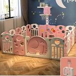 NUCARTURE 16 Panel playpens for Babies Baby Kids Play Yard with Mat Gate Fence Activity Center with Safety Lock,Play Area for Toddlers Indoor Upto 4 Yrs(Pink Elephant)