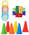 KAHEIGN 26Pcs Toss Game Set with Bean Bags Toss Ring Traffic Cone Markers for Outdoor Garden Carnival Game Party Supplies Agility Training Game [5 Colors]