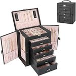 BLOODYRIPPA 6-Layer Jewelry Organizer Box with Metal Lock, Multi-functional Leather Accessories Holder for Necklace, Bracelets, Earrings, Watches, Black