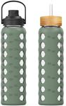 MUKOKO 32oz Glass Water Bottles with 2 Lids-Handle Spout Lid&Bamboo Straw Lid, Motivational Water Tumbler with Time Marker Reminder and Silicone Sleeve, Leakproof-Olive-1 Pack