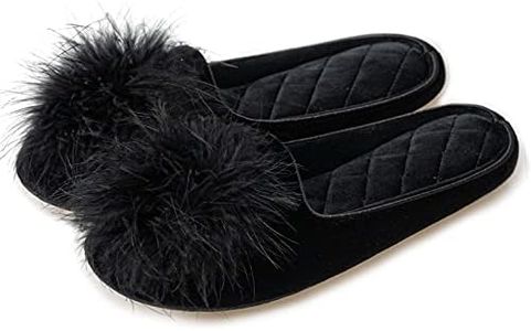 GRITHEIM Women's Fuzzy Pom Pom Feather Velvet House Slippers Sexy Cozy Bedroom Slippers for Ladies Non-slip Sole Indoor Outdoor, Black, 7-8