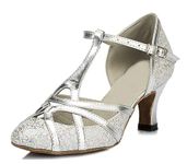 MINITOO Women's Latin Salsa T-Strap Closed Toe Synthetic Ballroom Dance Shoes Evening Wedding Pumps QJ6133 Silver 6cm Heel UK 4.5