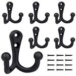 BIGLUFU Coat Hooks Heavy Duty Double Prong Wall Mounted with 12 Screws Retro Double Robe Hooks Utility Hooks for Coat, Scarf, Bag, Towel, Key, Cap, Cup, Hat (Black) (6 Pack)