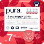 Pura Eco Nappy Pants Size 7 (17+kg/37+lbs) Monthly Pack 6 x 16 per Pack, 96 Baby Toddler Easy Pull Ups Training Nappies Boys & Girls, EU Ecolabel Certified, Perfume Free