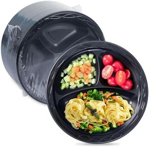 FRESHPAK Reusable Plastic Plates, 3 Compartment Black Dinner Plates Heavy Duty Microwave Safe Plates BPA Free Convenience MFPP Party Plates