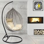 GOODS EMPORIUM Luxury Rattan Hanging Egg Chair Outdoor & Indoor Garden Swing Chair Hammock with Cushions - RAIN COVER INCLUDED (Large, Black - Grey - Beige)