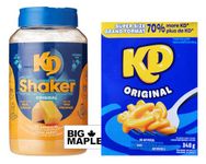 Cheese Seasoning + Macaroni & Cheese Bundle. Includes (1) Kraft KD Shaker Original Cheese Seasoning (500g), (1) Super Size Box of KD Original (340g) with BIG MAPLE Trivia Cards. Made with Real Cheese. Great for Soup, Pizza, Popcorn